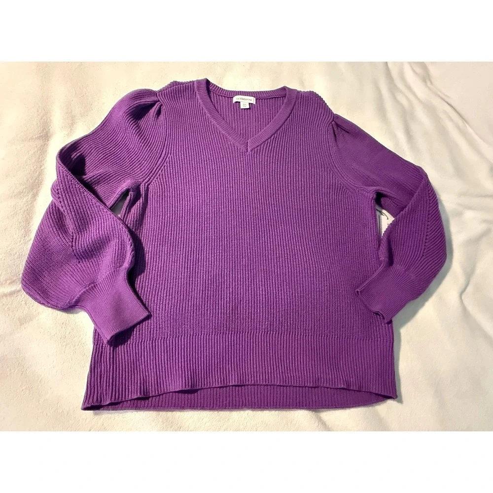 Liz Claiborne Womens XXL Bright Violet Ribbed V-Neck Puff Sleeve Sweater‎ NWT